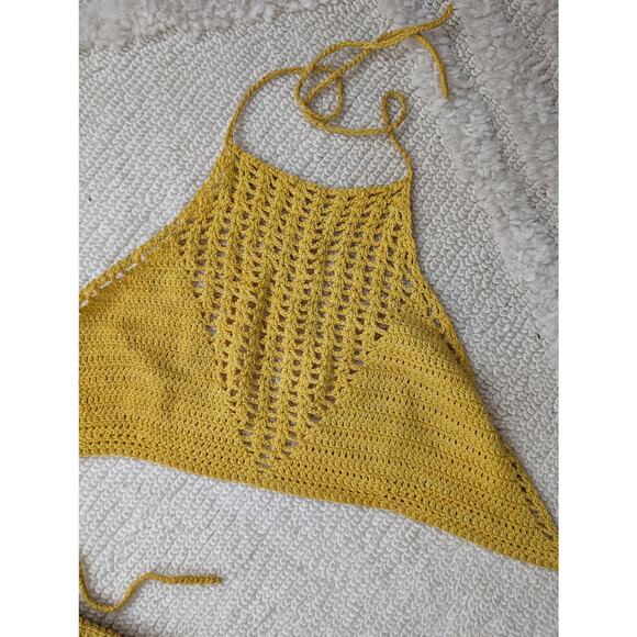 Vintage 60s Yellow Crochet Bikini Bathing Suit Halter Top Set - Picture 3 of 7